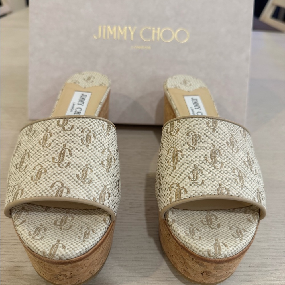 Jimmy Choo DeeDee 80 37 1/2, OLJL, EVRU/SAND DUNE - Picture 1 of 11